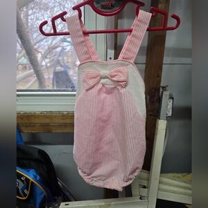 Vintage Buster Brown Pink and White Striped Baby Romper with Bow